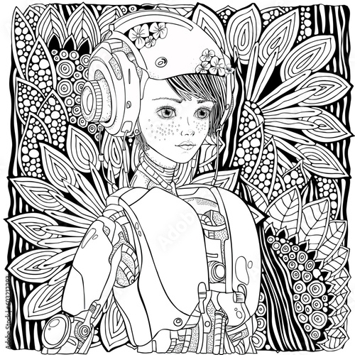 Cute robot girl. Zentangle background. Black and white doodle coloring book page for adult and children.