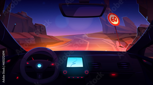 Night rocky mountain road car drive inside view vector illustration. Speed sign on highway for driver. Cockpit interior with navigation screen interface, windshield and mirror. Dark pathway adventure