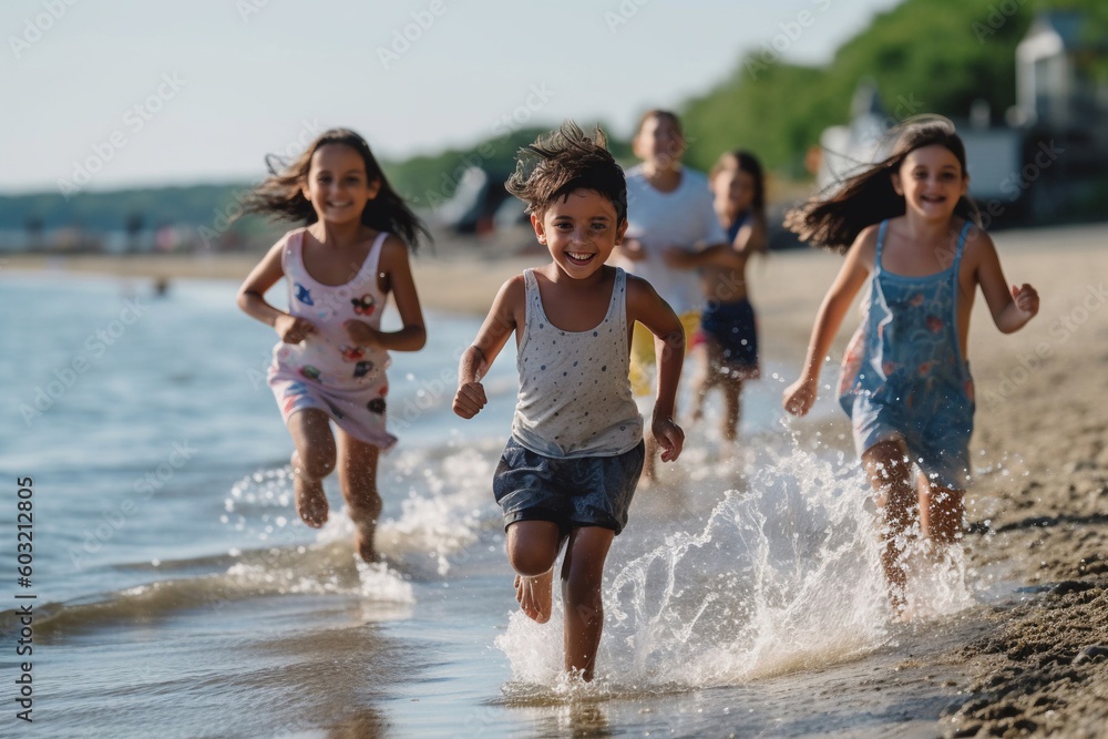 Portrait children playing on the beach AI Generative
