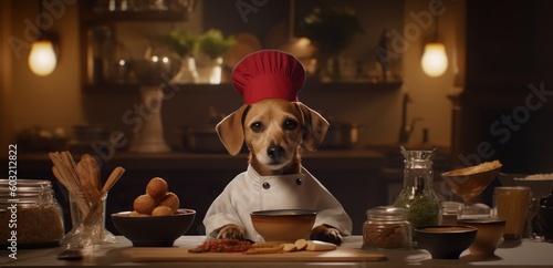 A dog in a chef's suit cooks in a restaurant. Generative AI