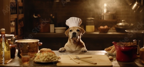 A dog in a chef's suit cooks in a restaurant. Generative AI