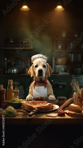 A dog in a chef's suit cooks in a restaurant. Generative AI © ColdFire