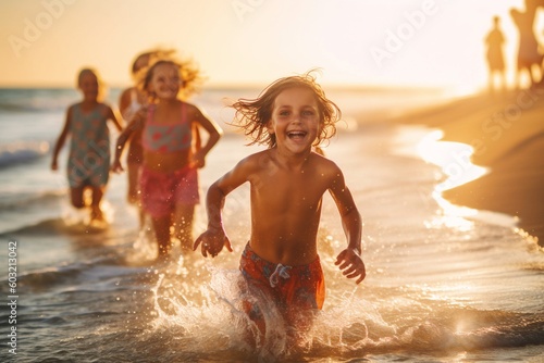 Portrait children playing on the beach AI Generative