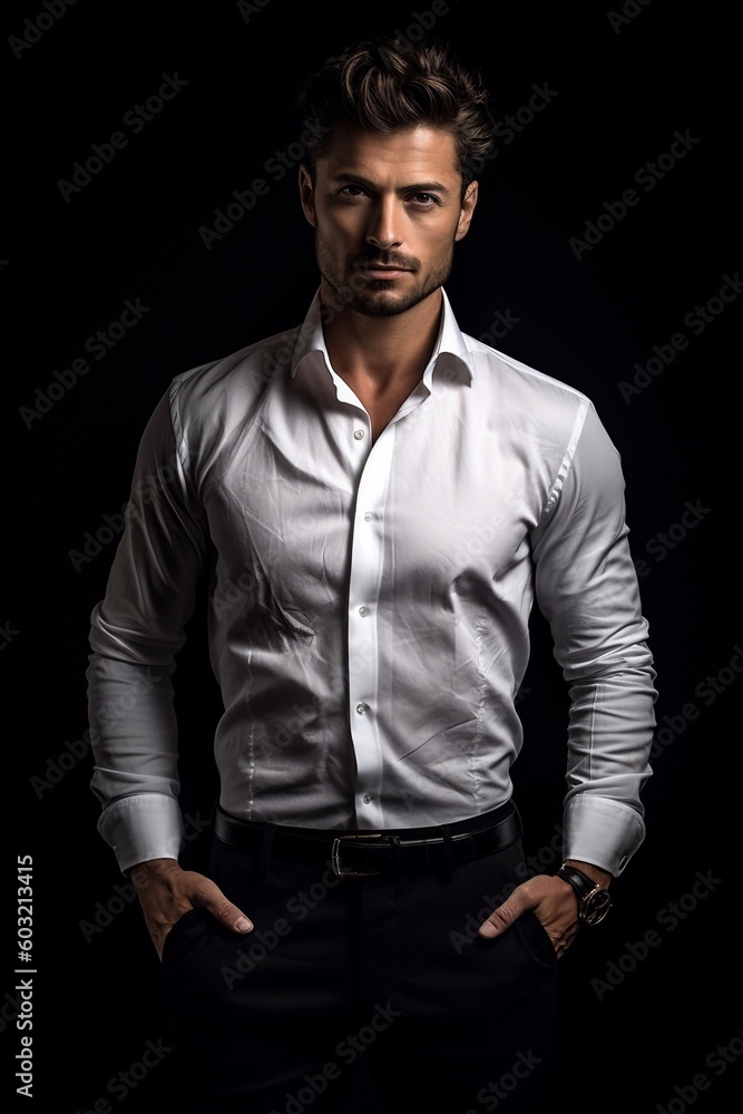 Fototapeta premium Portrait a cool man on the black background AI Generative