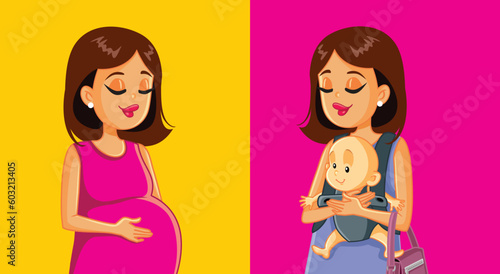 Women During Pregnancy Versus New Mom Vector Concept illustration. Mother to be and postnatal happy woman holding her infant 
