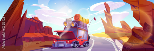 Broken car at desert roadtrip with baggage on roof. Summer adventure tourism accident on highway with steam from breakdown motor. Open hood crash in canyon roadway journey cartoon background.