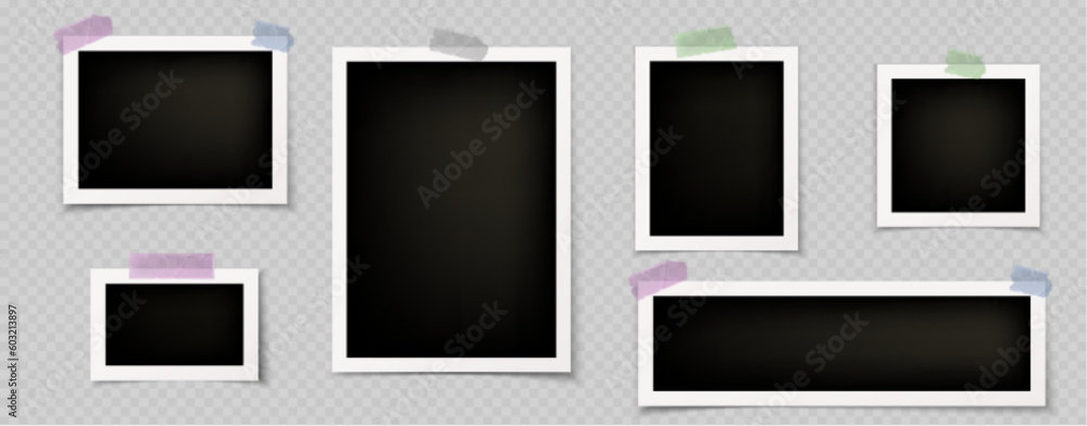 Image collage with photo frames. Template of album, gallery wall with blank photography, paper snapshots with white border and adhesive tape, vector realistic set isolated on transparent background Image collage with photo frames. Template of album, gallery wall with blank photography, paper snapshots with white border and adhesive tape, vector realistic set isolated on transparent background