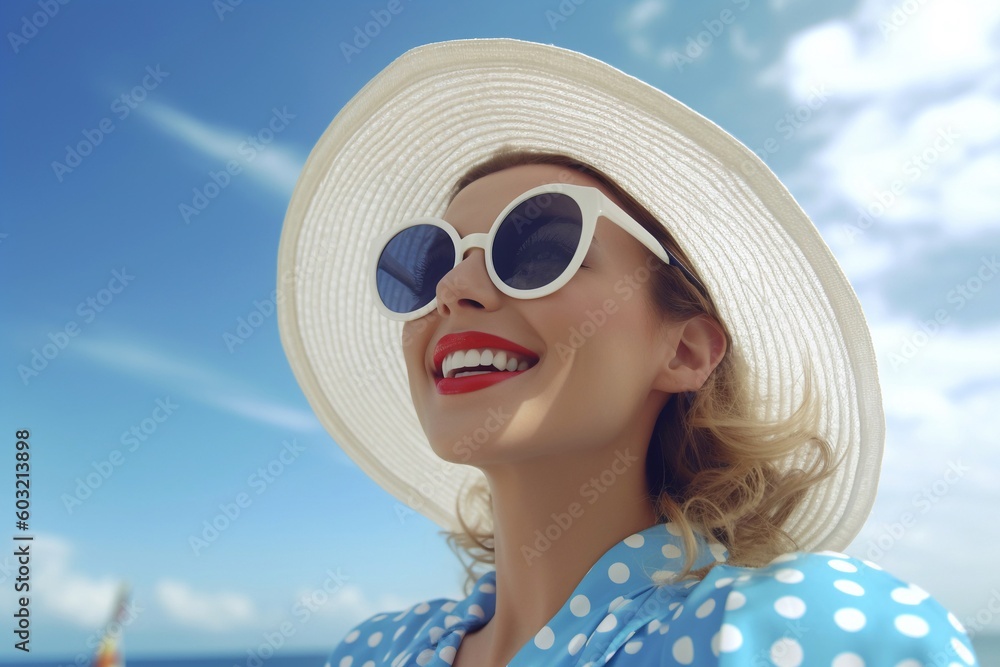 Fototapeta premium Portrait woman wearing hat and sun glasses AI Generative