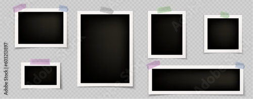 Image collage with photo frames. Template of album, gallery wall with blank photography, paper snapshots with white border and adhesive tape, vector realistic set isolated on transparent background
