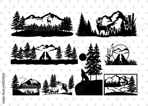 Mountain Scenery SVG Cut Files   Mountain Scenery Silhouette   Mountain Svg   Forest Svg   Trees Svg   Travel Outdoor Svg   Mountain Scenery Bundle