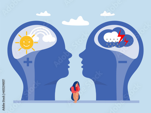 bipolar disorder , Woman middle between happy and sad mental condition in psychological state  positive mind and negative concept vector 
