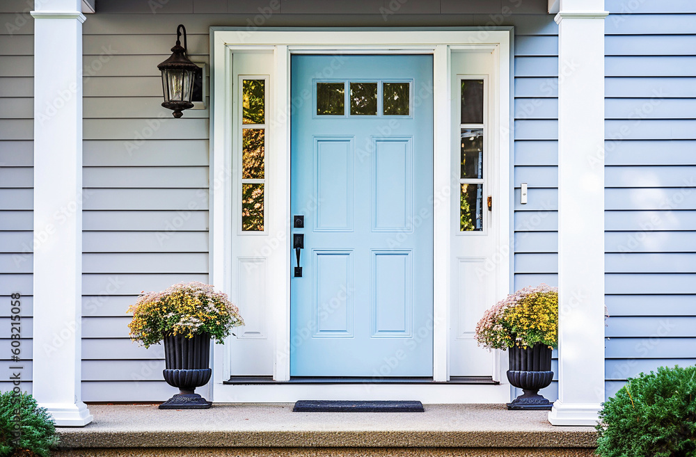 AI generative. A front entrance of a home with a blue door