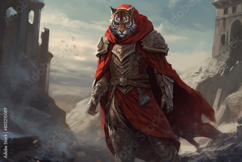 Digital art tiger warrior standing on the hills AI Generative photo