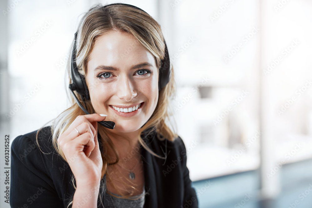 Woman with headset, callcenter and smile in portrait, phone call with communication and CRM with mockup space. Customer service, telemarketing and female consultant on help desk and contact us Woman with headset, callcenter and smile in portrait, phone call with communication and CRM with mockup space. Customer service, telemarketing and female consultant on help desk and contact us