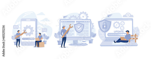 system maintenance, update program and application, technology, engineer, error, fixing a trouble, device updating, set flat vector modern illustration