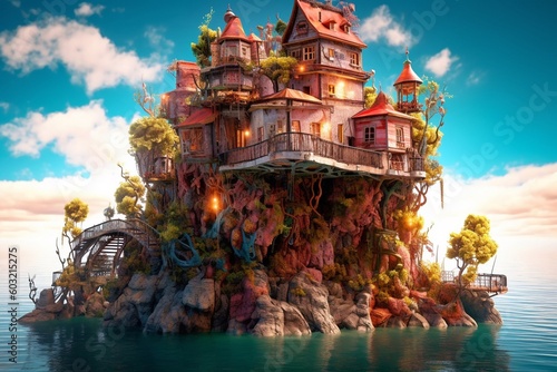 Digital art of a cartoon style house on an island AI Generative © Tebha Workspace