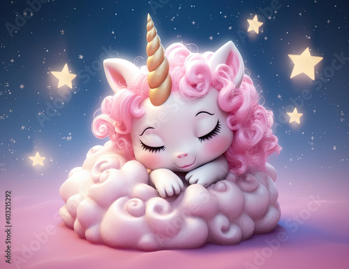 Adorable Baby Unicorn, nursery art, sleepy time, good night, children art, whimsical, mythical. Generative AI