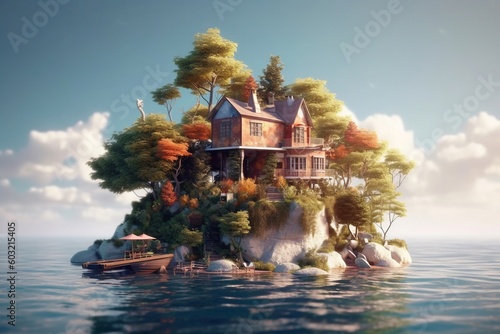 Digital art of a cartoon style house on an island AI Generative