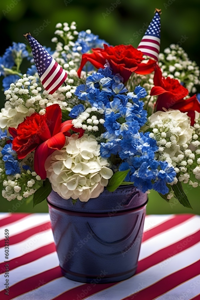 Patriotic Blooms: Red, White, and Blue Floral Arrangements Celebrating summer holidays Memorial day, Fourth of July, Labor Day. Created with generative AI tools 