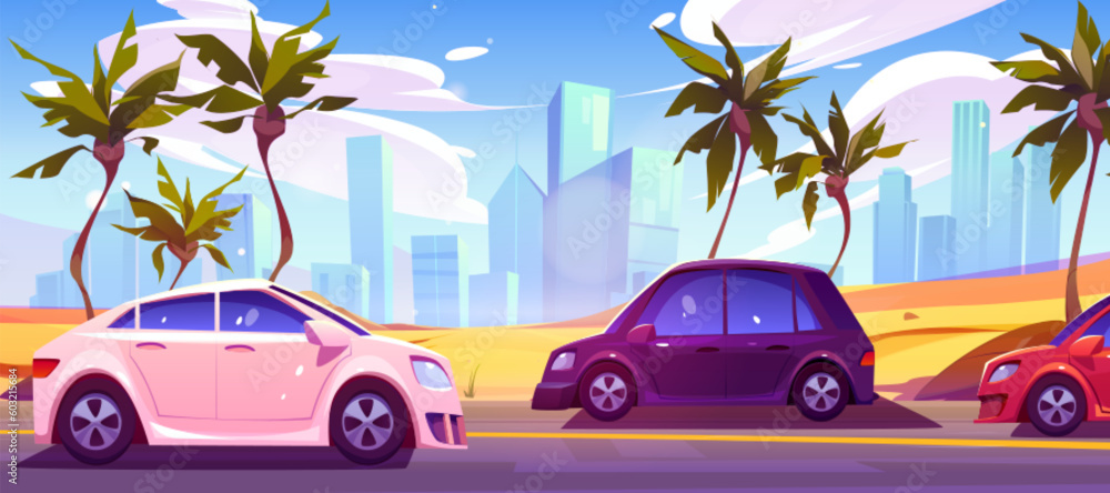 Car on desert road vector background. Highway with city skyline and palm tree perspective view. Vehicle drive to Las Vegas on asphalt traffic way and sand nature landscape horizontal illustration.