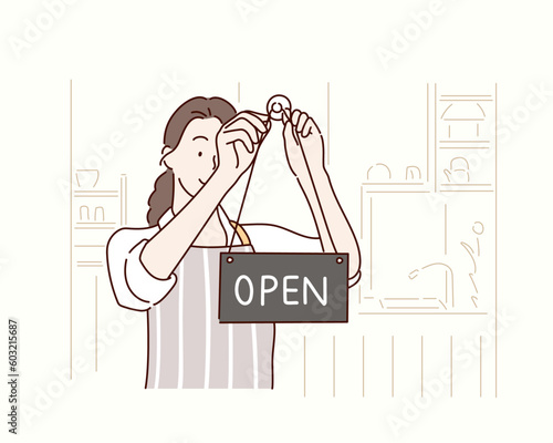  happy woman waiter changing table on door - closed-open at cafe in morning. Hand drawn style vector design illustrations.
