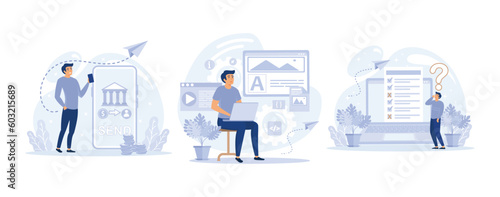 Mobile banking, Web designer, Online survey, digital business concept, set flat vector modern illustration