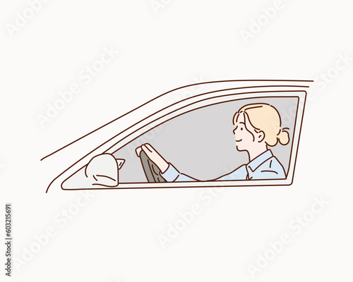 woman in car. woman driving car. Hand drawn style vector design illustrations.