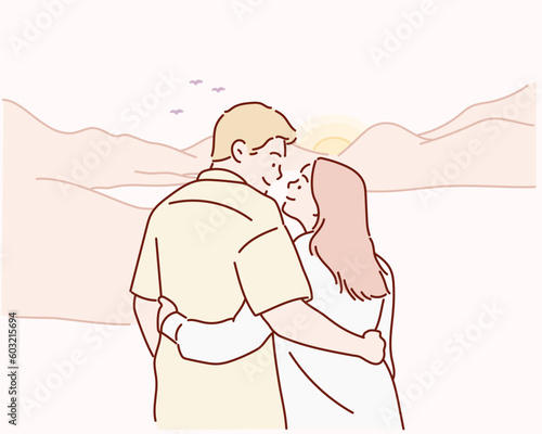 Romantic couple watch, look sunset at mountain top. Hand drawn style vector design illustrations.