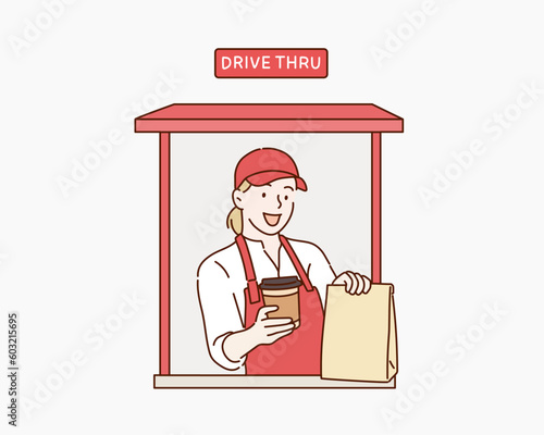 Fast food restaurant worker ready gives a customer order at a drive thru window. Hand drawn style vector design illustrations.