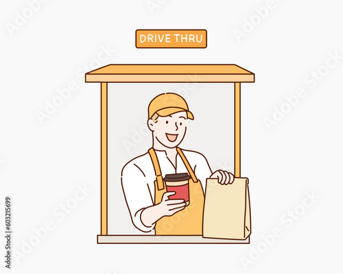 Fast food restaurant worker ready gives a customer order at a drive thru window. Hand drawn style vector design illustrations.