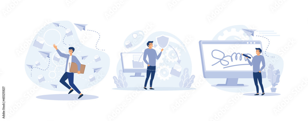 Cloud document access and sharing service, Shared document, Security, Electronic signature, set flat vector modern illustration Cloud document access and sharing service, Shared document, Security, Electronic signature, set flat vector modern illustration