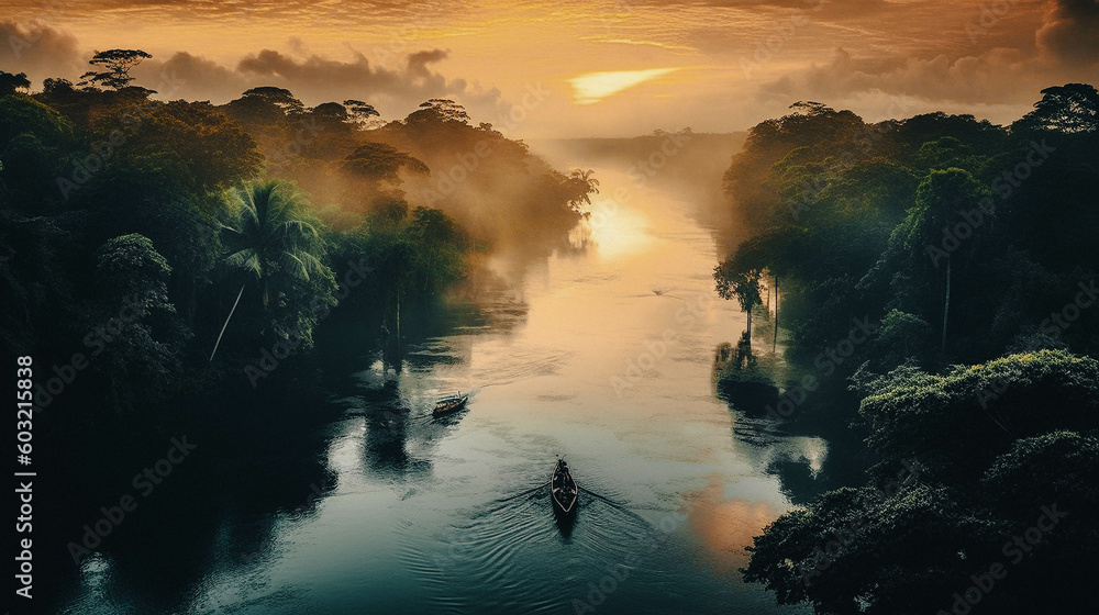 a stunning photo of the amazon rainforest with a rive - generative ai