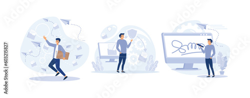 Cloud document access and sharing service, Shared document, Security, Electronic signature,  set flat vector modern illustration
