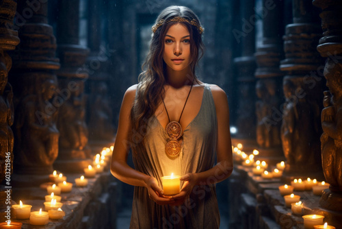 A beautiful young priestess in the temple of light - generative ai