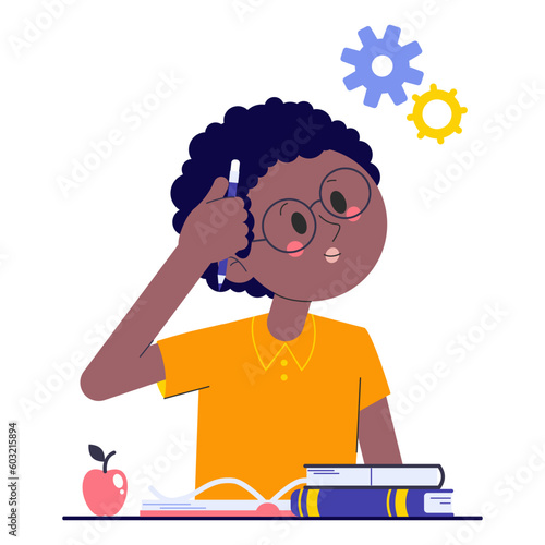 Boy on school exam. Kid study and think about test or homework in class. Pupil confused how to do survey on blank. Vector illustration about child education