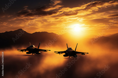 fighter jets in cloudy sunset sky - generative AI © Uolir