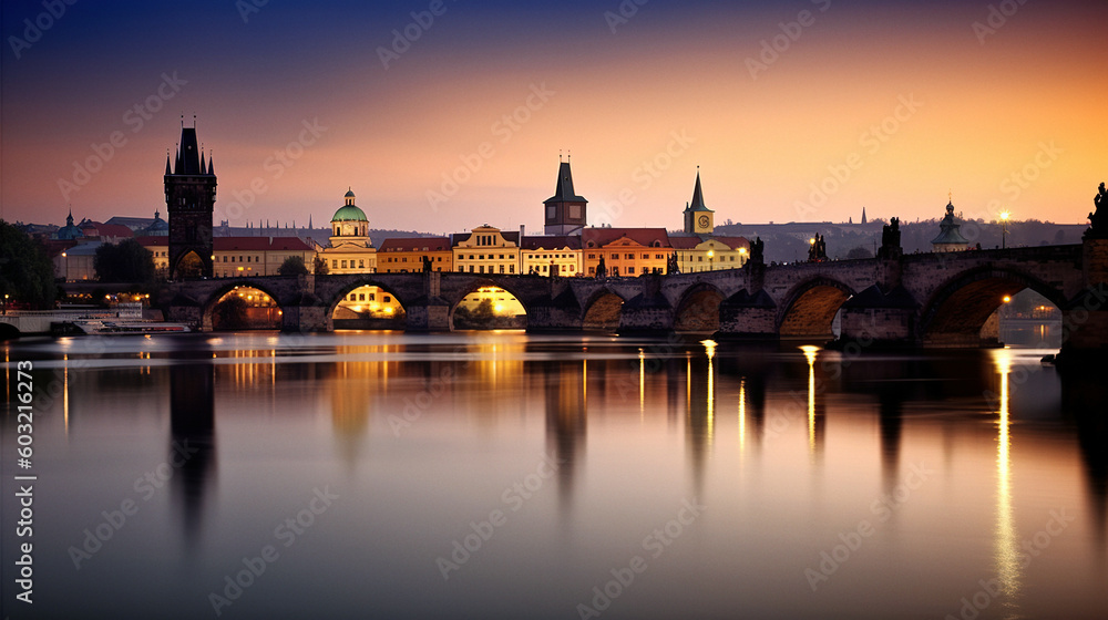 Romantic View of Prague at Sunset, Reflected in the Vltava - generative AI