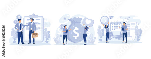 Financial agreement signing, Legal document, business papers. Bill of sale, loan disbursement, prepayment terms, set flat vector modern illustration