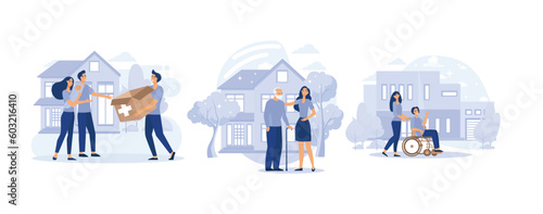  voluntary services. Aid to disadvantaged groups, care for elderly, help for disabled. set flat vector modern illustration
