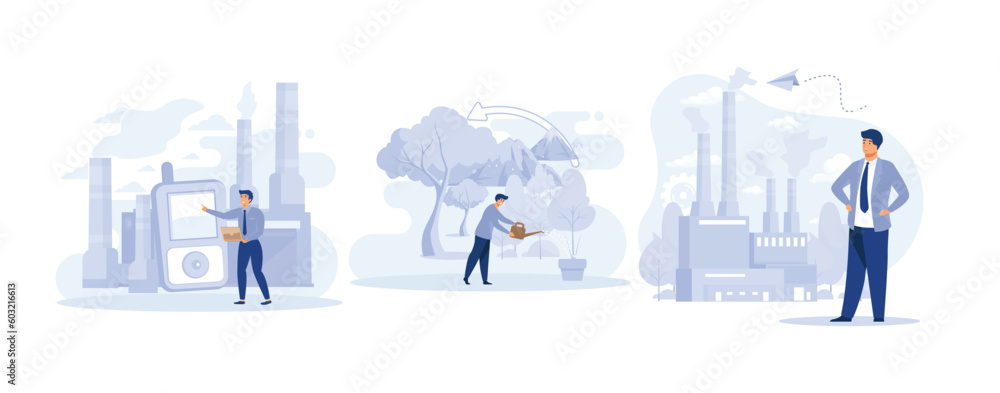 Environment protection measures,  Air Quality control, reforestation, reduction of gas emissions, set flat vector modern illustration