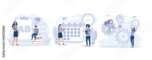 Remote home education concept,  Home-school your kids, set up daily schedule, STEM activities, set flat vector modern illustration