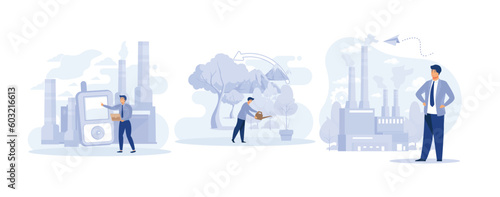 Environment protection measures,  Air Quality control, reforestation, reduction of gas emissions, set flat vector modern illustration