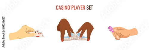 Vector casino player set of playing chips and cards in hands. Bet, playing texas holdem poker and croupier shuffle. Multicultural casino players. Illustrations for gambling industry. Cards, rules and