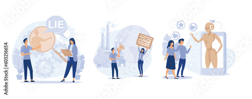 Media influence concept, Post-truth, eco-shaming, virtual influencer, ecological activist, social media, set flat vector modern illustration