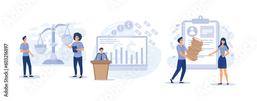 Money distribution concept. Income inequality, government spending, money lending. set flat vector modern illustration 