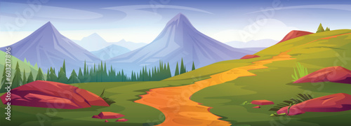Cartoon mountain landscape with foothpath and pine forest. Vector illustration of majestic peaks on horizon, green grass, tall trees, stones on ground. Summer scenery for hiking, recreation travel