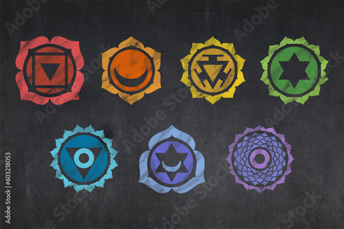 Canvas Print The seven chakra drawn on a blackboard