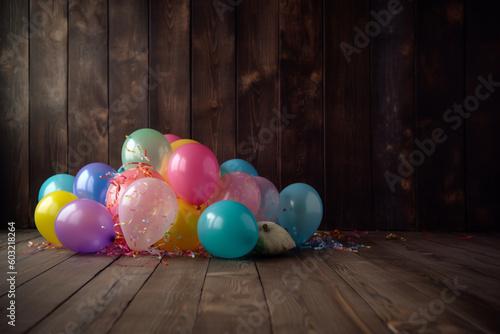 A bunch of colorful balloons on a wooden floor
