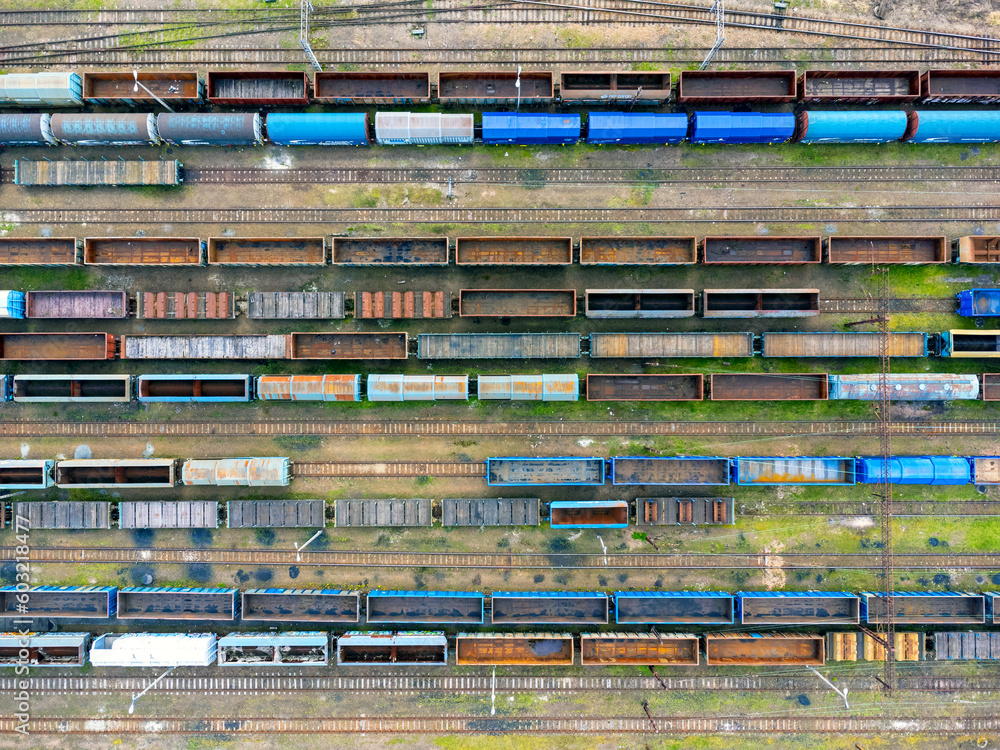 Aerial view landscape. View of trains, railroad tracks, cars, cargo. Photo from a drone. Coal transportation.