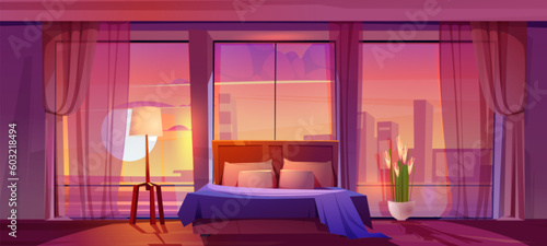 Bedroom interior room with sunset cityscape view vector background. Modern clean hotel apartment with cozy sleep furniture indoor design. Curtains on big window and beautiful domestic flower pot